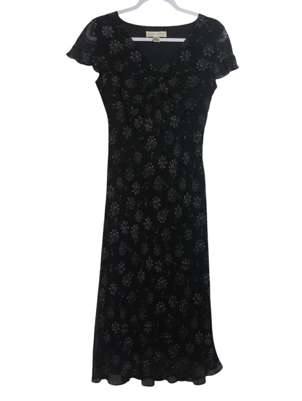 Casual Corner Vintage Silk Black Floral Midi Shift Dress 90s Size 2